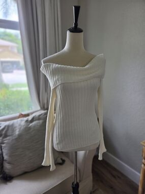 LOFT Cream Off-the-Shoulder Ribbed Knit Sweater